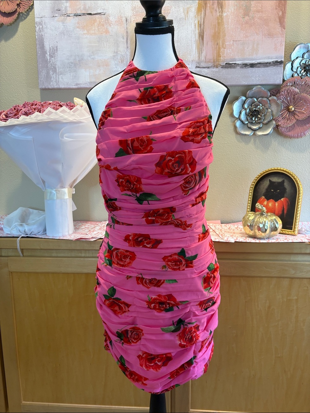 SAU LEE "Sonia" Floral Ruched Halter Backless Mini Dress – Pink & Red Rose